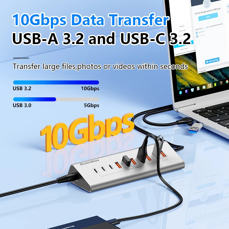 Blueendless Aluminium USB3.2 Gen2 10Gbps 7Ports 10 Ports USB-C Hub 7 in 1 10 in 1 USB-A Splitter Adapter for Laptop macbook
