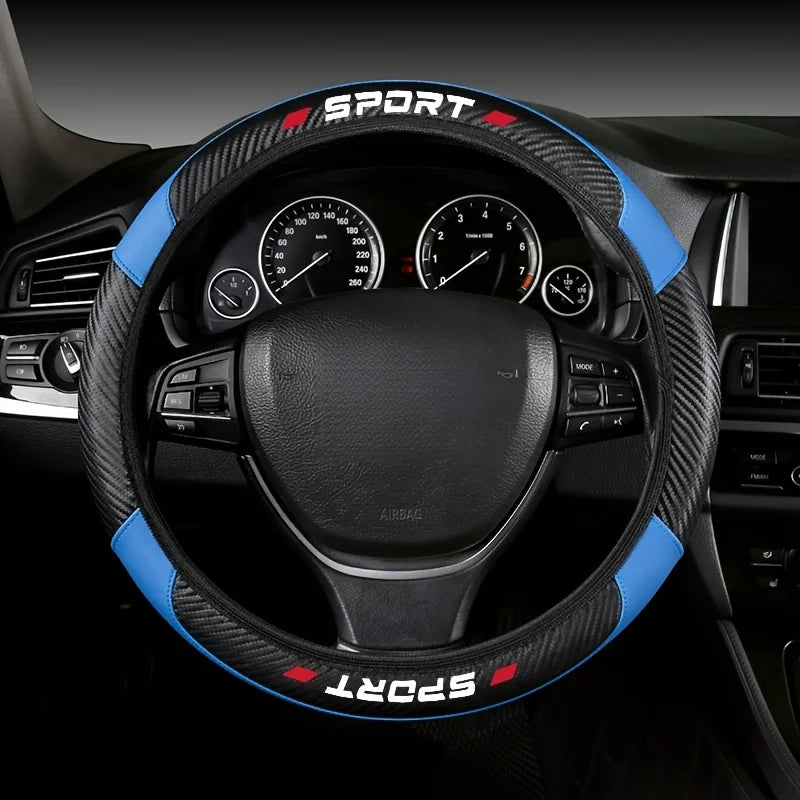 1Pc 14.96 Inch 4-Segment PU Carbon Fiber Splicing Steering Wheel Cover Non-Elastic Inner Ring Auto Handle Protector Accessory