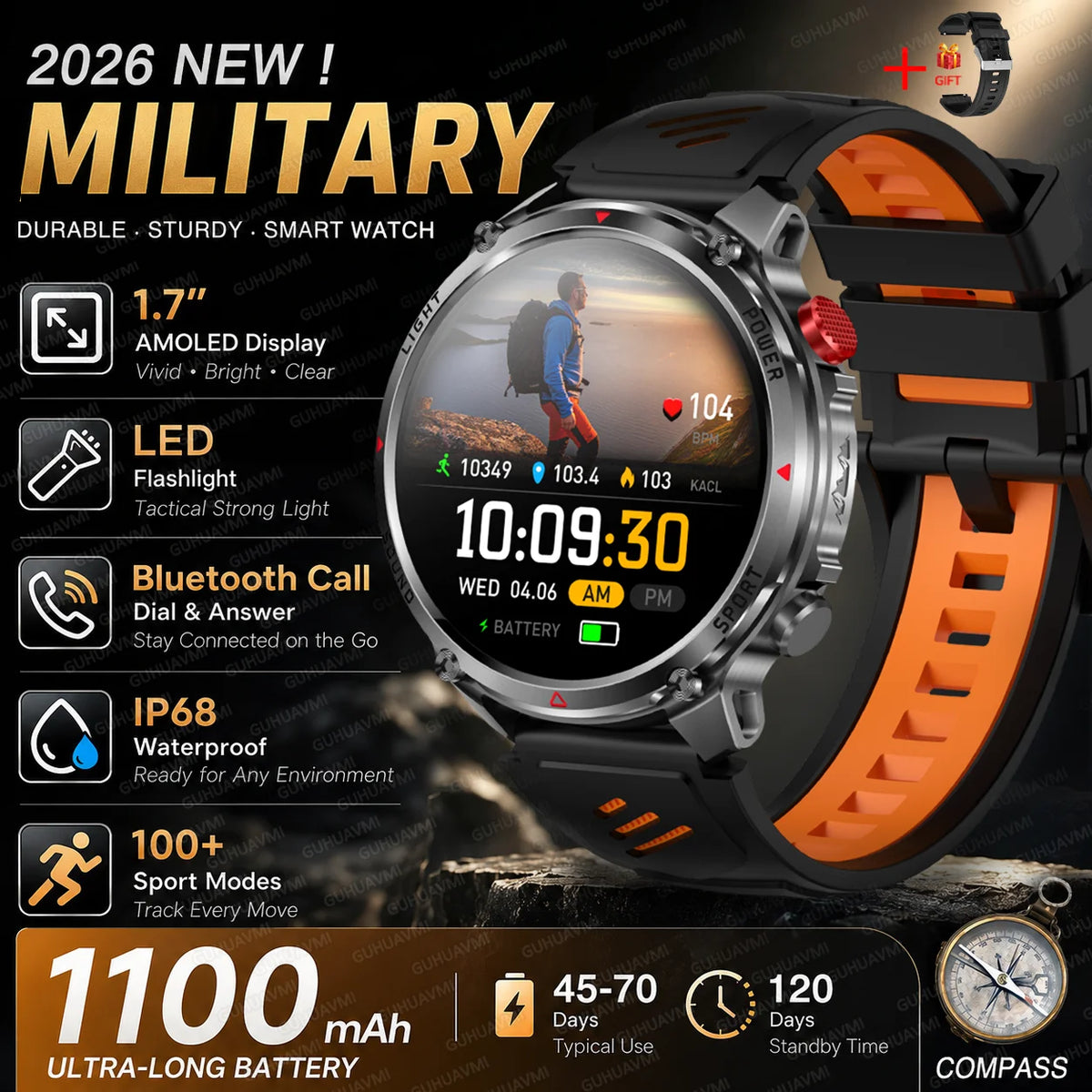 New Men Outdoor Military 1100mAh Large Battery Smart Watch Compass GPS Track IP68 Waterproof LED Flashlight BT Call Smartwatch