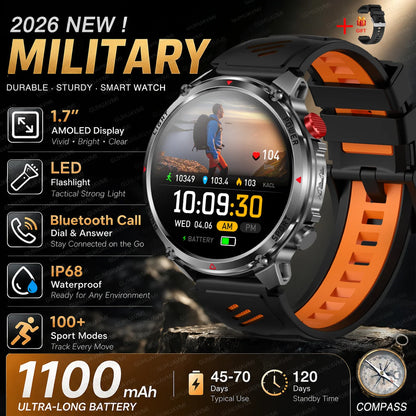 New Men Outdoor Military 1100mAh Large Battery Smart Watch Compass GPS Track IP68 Waterproof LED Flashlight BT Call Smartwatch