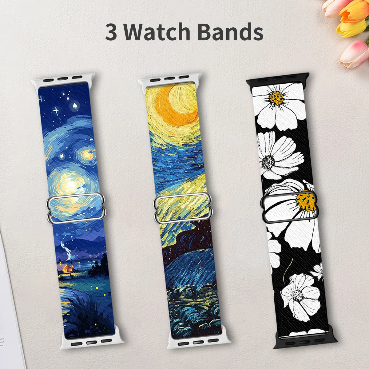 3Pcs Cute Flower Pattern Nylon Stretchy Band Compatible with Apple Watch Bands 38mm 40mm 41mm 42mm 44mm 45mm 49mm