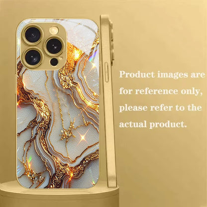Gilded White Patterned Marble Tempered Glass Phone Case For iPhone 17 Pro Max 14 15 16 Plus 13 12 11 Pro Max 16E 17 Air Cover