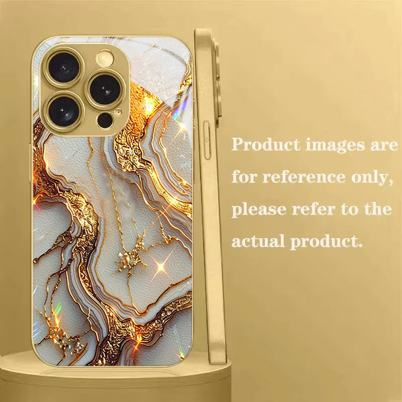 Gilded White Patterned Marble Tempered Glass Phone Case For iPhone 17 Pro Max 14 15 16 Plus 13 12 11 Pro Max 16E 17 Air Cover