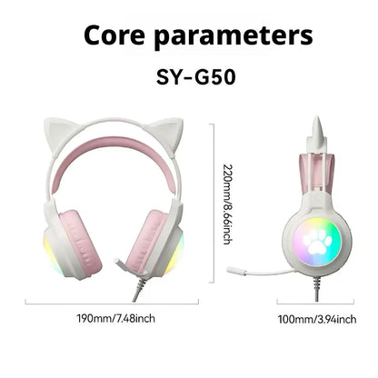SOYTO Wired Cat Ear Headphones RGB LED Light Up Gaming Headset 3D Deep Bass Stereo Headphones with Mic for PC Laptop Girls