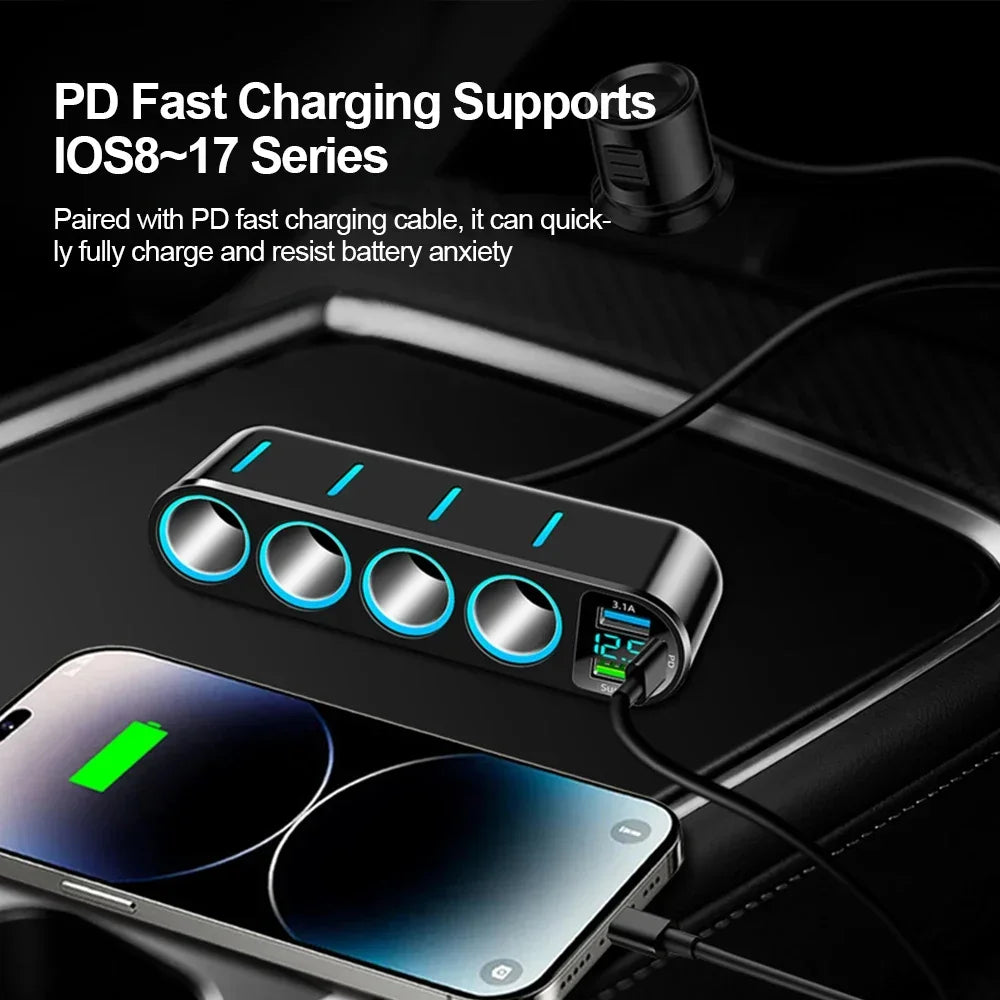 7 in 1 USB Type C Car Cigarette Lighter Splitter 4-Socket Fast Charger Power Adapter for Car DVR GPS Dashcam 12V 24V