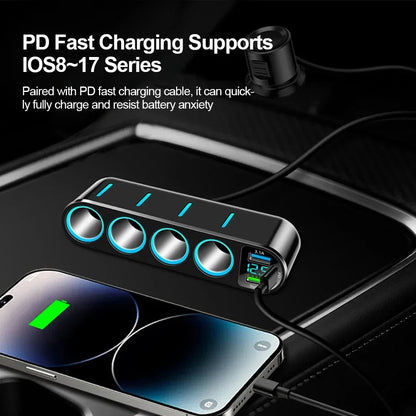 7 in 1 USB Type C Car Cigarette Lighter Splitter 4-Socket Fast Charger Power Adapter for Car DVR GPS Dashcam 12V 24V