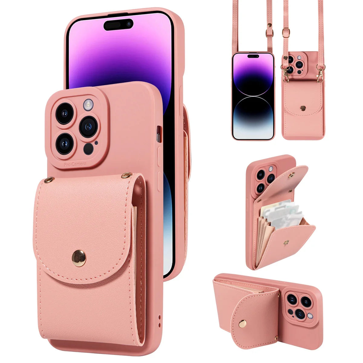 faux Leather Phone Case for IPhone17 16 15 14 13 12 11Pro Max PlusMini E Air All inclusive Lens Protection with Lanyard Card Bag