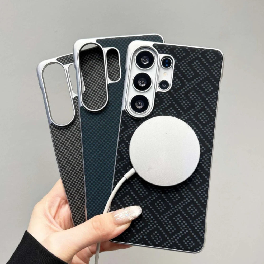 Business Plating Ultra-thin Maze Grid Pattern for Magsafe Borderless Phone Case for Samsung S26 Ultra S25 Plus Shockproof Cover