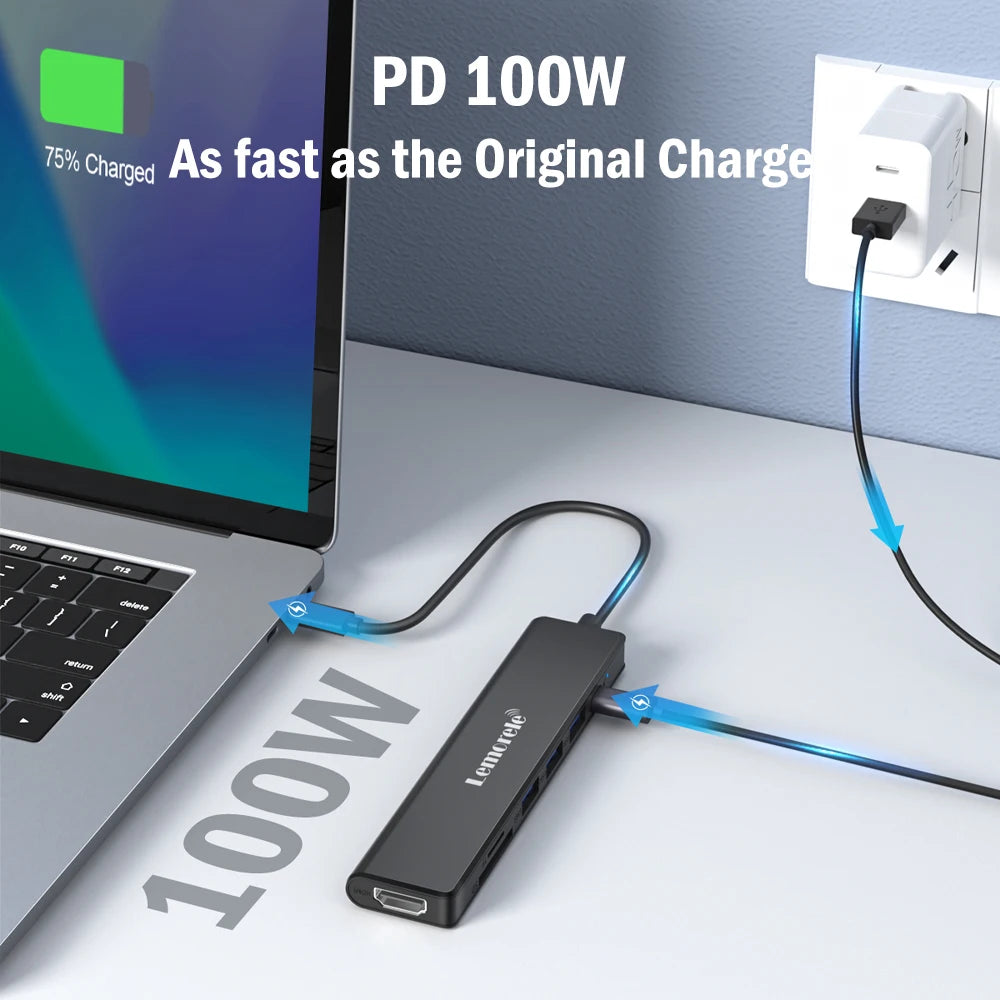 Lemorele TC70 7in1 USB C HUB Type C 3.0 Docking Station HDMI 4K@30Hz 100W PD SD/TF Slot Fast Transfer for Laptop Macbook Windows