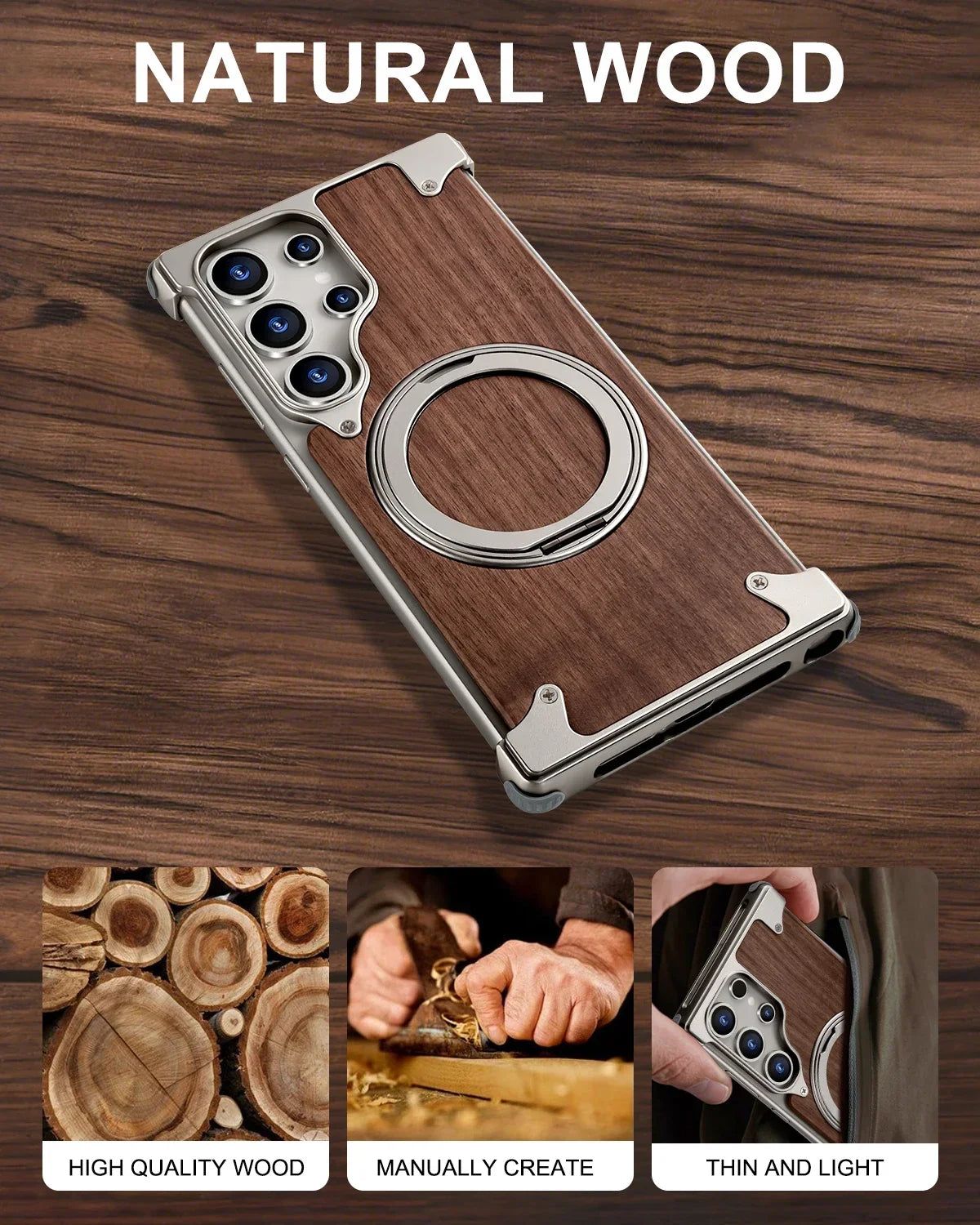 Eary Solid Wood Phone Case for Samsung Galaxy S25 S24 Ultra for Magsafe 360° Rotation Kickstand Frameless Protective Shells