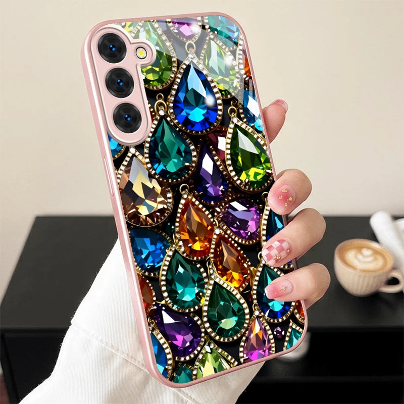 Colorful Teardrop Gem Pink Metallic Glass Phone Case For Samsung Galaxy S26 S25 S24 S23 Ultra Plus FE S8 S9 S10 Note8 9 10 Cover