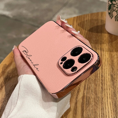 Luxury Plating Leather Personalized Name Case For iPhone 11 12 13 14 15 16 Pro Max Customized DIY Shockproof Cover 15 14 Pro Max