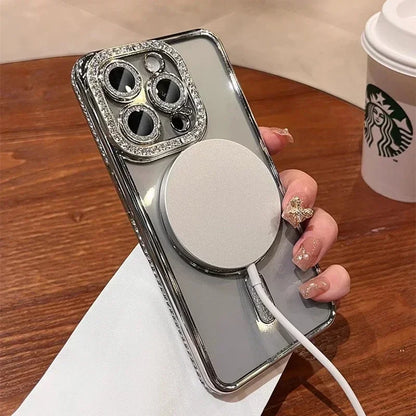New Fashion Glitter Diamond Transparent Case For iPhone 17 16 15 14 13 11 12 Pro Max Funda Magnetic Wireless Charge Bumper Cover