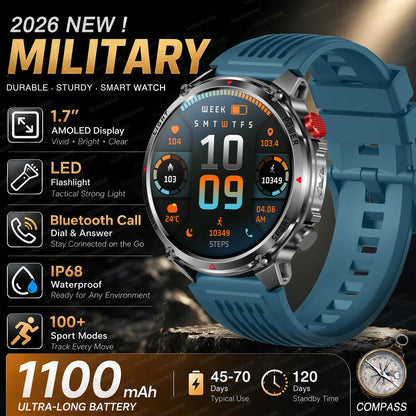 New Men Outdoor Military 1100mAh Large Battery Smart Watch Compass GPS Track IP68 Waterproof LED Flashlight BT Call Smartwatch