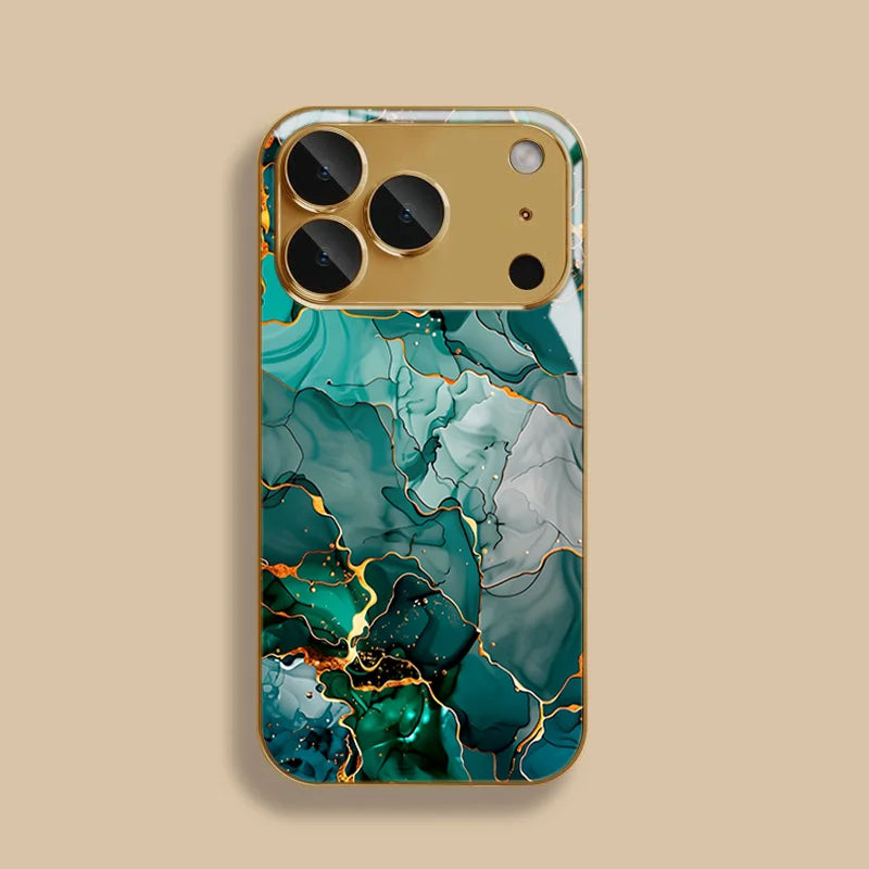 Green Gold Dali Texture Tempered Glass Phone Case For iPhone 17 Pro Max 14 15 16 Plus 11 12 13 Pro Max 16E 17Air Protect Cover