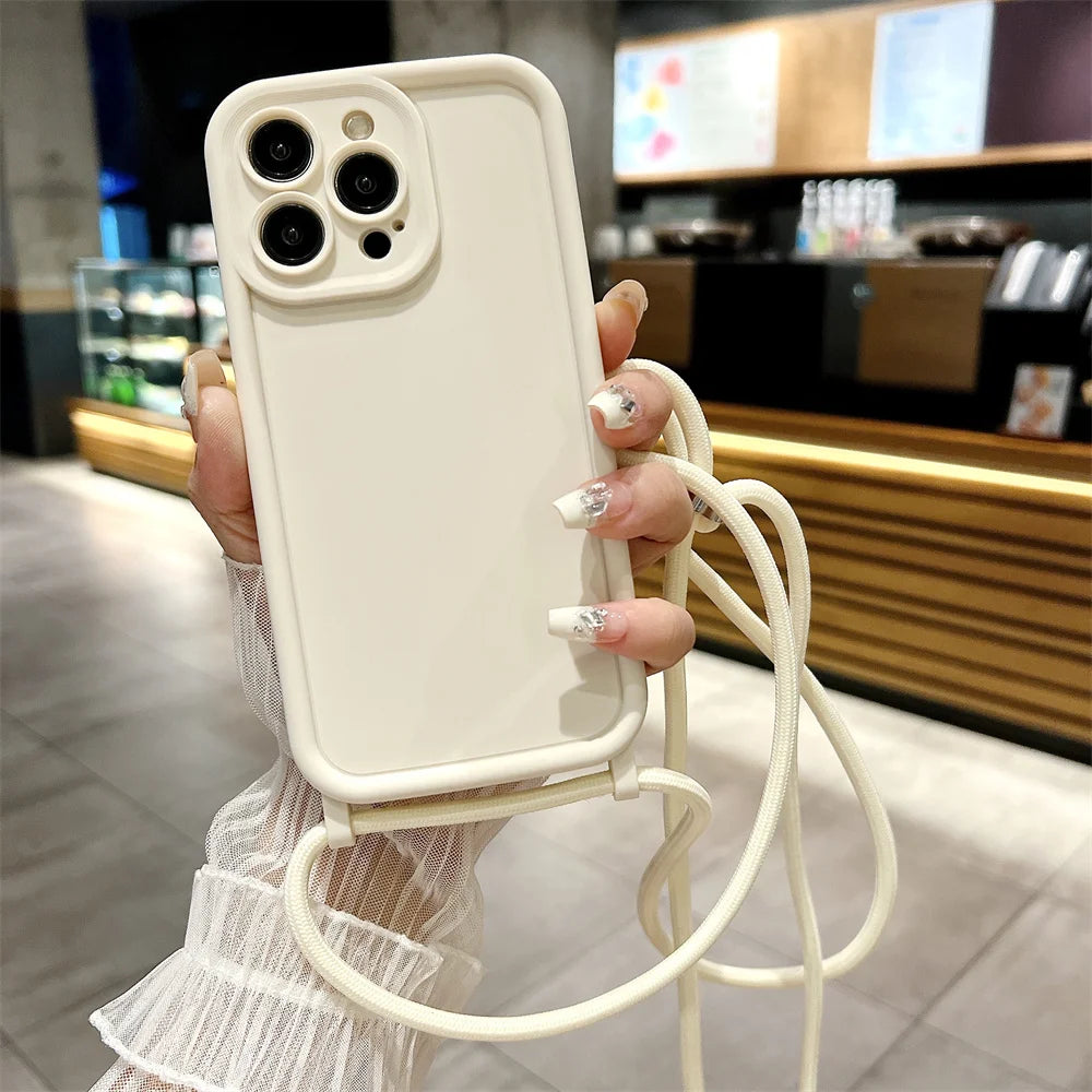 Phone Case For iPhone 14 13 15 16 Pro Max 17 Air 16E 12 11 X XS 8 Plus SE2022 Crossbody Adjustable Lanyard Strap Rope Soft Cover