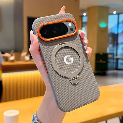 Busines Texture Woven Leather Magnetic Rotable Bracket Case For Google Pixel 10 Pro 10 Pro XL Alloy Button Lens Frame Back Cover