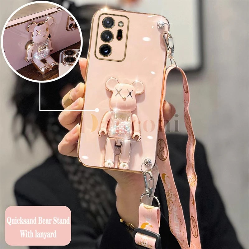 Cartoon Bear Lanyard Plating Phone Stereoscopic Holder Case For Samsung Galaxy Note 20 Ultra Note 10 Lite 8 9 M30S M42 M54 Cover