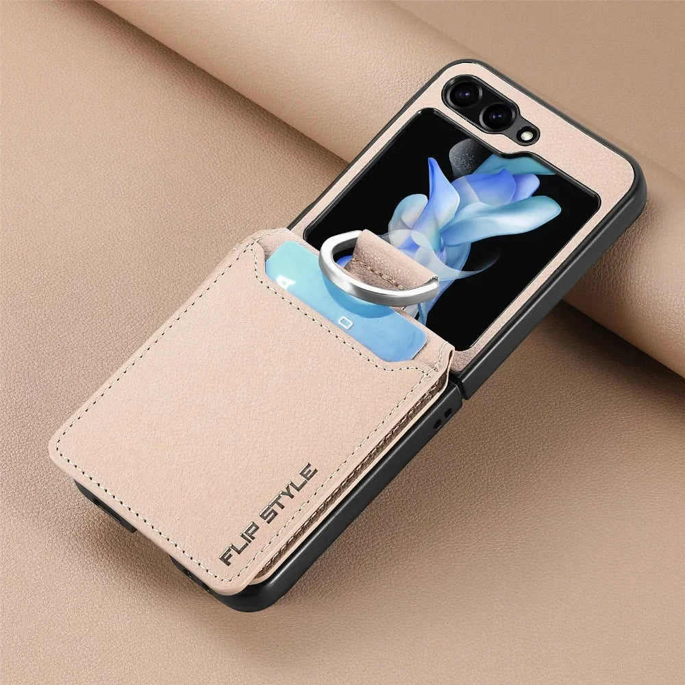 PU Leather for Samsung Z Flip 8 7 6 5 4 3 Flip6 Flip5 Flip4 Flip3 Flip7 Litchi Pattern Cover Ring Card Holder Wallet Phone Case