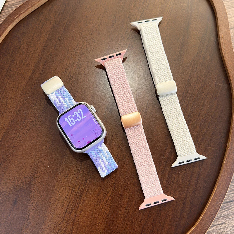 Braided Loop for Apple Watch 38 40 41 42 44 45 46 49mm for Woman Magnetic Nylon Elastic Replacement for Iwatch Series10 9 8 7 6