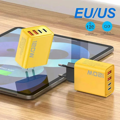 120W 4 Ports USB Charger Fast Charge Phone Charger Adapter Type C Cable For iPhone Samsung Xiaomi EU/US/UK Plug Wall Charger