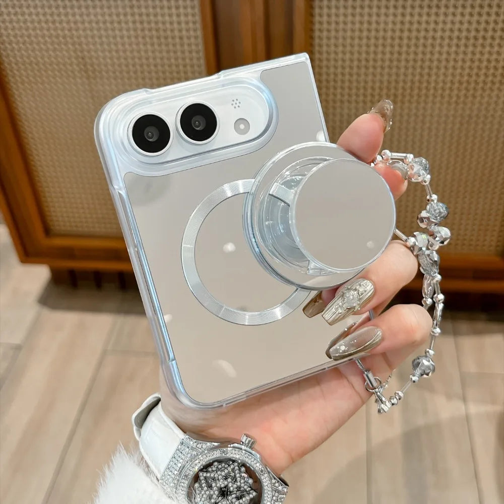 Mirror Kickstand Crystal Beaded Wrist Strap Magnetic Phone Case for IPhone DUO  18 Fold Shockproof Anti Scratch Protect Cover