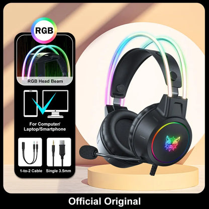 ONIKUMA X15 Pro Over-Ear Headphones Gaming Headset Wired Cancelling Earphones Pink Cat Ears Rgb Light With Mic For PC PS4