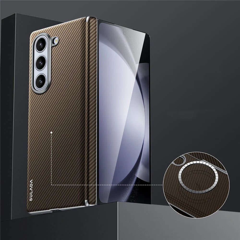 New Slim Aramid Fiber Pattern Leather for Magsafe Case for Samsung Galaxy Z Fold 8 Ultra 7 6 5 4 Car Magnetic Holder Hinge Cover