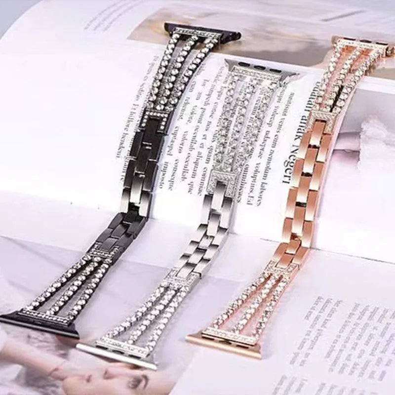 Metal Chain-styled Watch Strap for All Range of Apple Watch Series Diamond-encrusted Chain Stainless Steel Watch Band