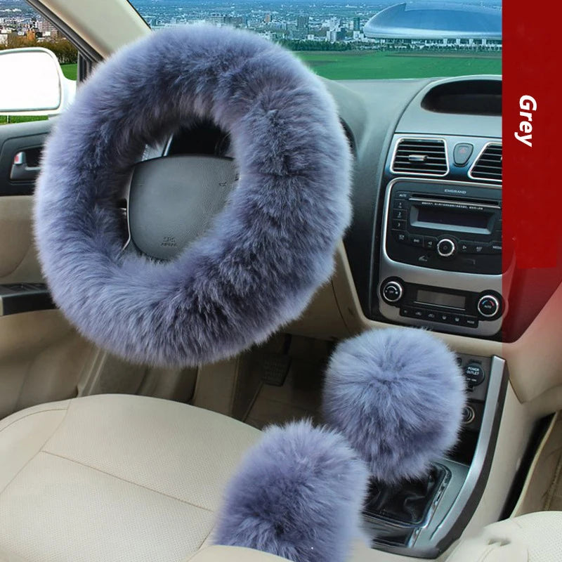 YESPLEASE 3pcs/set Wool Winter Car Steering Wheel Cover Long Australian Wool Heated Fur Handbrake Gear Shifter Cover