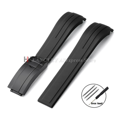 Curved Rubber Watch Bracelet 20mm 21mm 22mm for Rolex Green Water Ghost for Oysterflex Waterproof Silicone Folding Buckle Straps