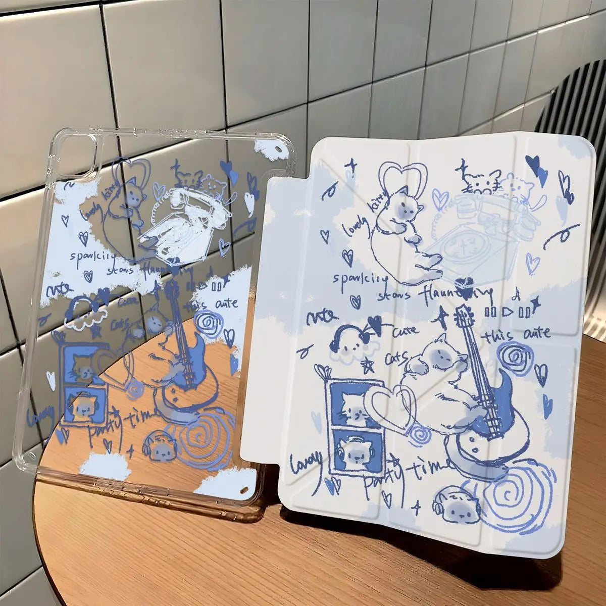 Korean Kawaii Blue Guitar Cat For iPad Pro Air 13 11 M5 M4 M3 M2 2 1 11th A16 12.9" 10 9 8 7 6 5 Th Mini 7 6 5 4 7.9" Case