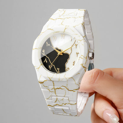 Fashio Marble Texture Women Watch Casual Arabic Dial Plastic Band Men Quartz Watch Clock Gift Relogio Feminino（Without Box）