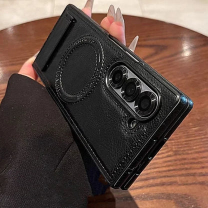 Retro Leather Hidden Tripod Phone Case For Samsung Galaxy Z Fold 7 6 5 4 3 Magnetic Wireless Charging Lens Fall Prevention Cover