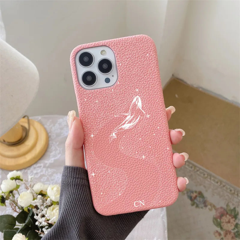 Personalised Letters Pebble Grain Leather Stars Whale Casesfor iphone 17 12 14 13 15 16 Pro Max 17 air 14Plus Luxury Hard Covers