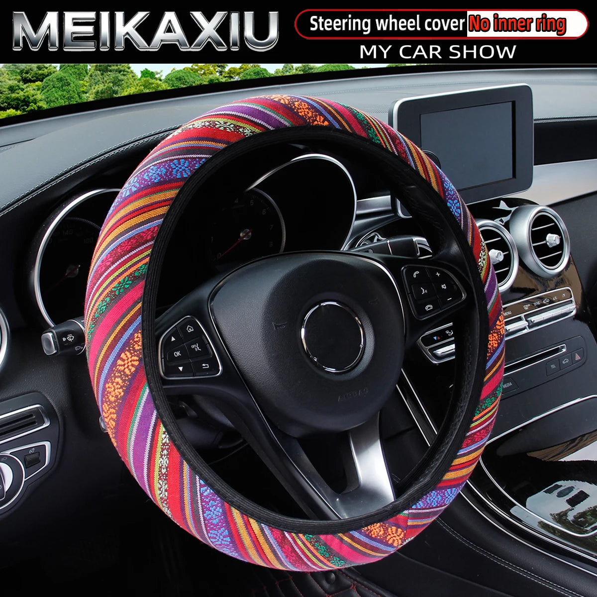 38CM Ethnic Bohemian Style Fabric Car Steering Wheel Cover All-Season Use No Inner Ring Automotive Decoration Accessory