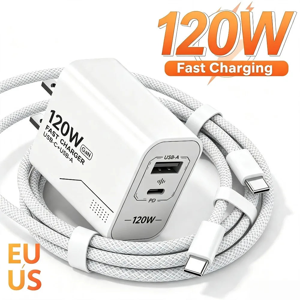 120W GaN USB C Charger 2-Port Fast Charging Phone Charger Power Adapter For iPhone Samsung Xiaomi Type C US Plug Wall Charger