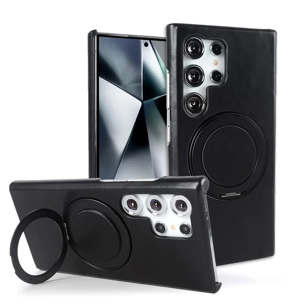 Luxury Genuine Leather Case For Samsung Galaxy S24 Ultra S23 S22 S21FE S20 Note20 S23FE Magnetic Ring Stand Bracket Phone Cases