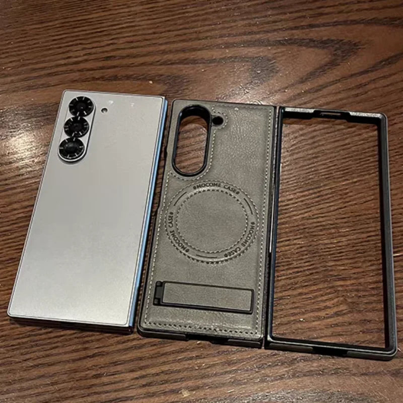 Retro Leather Hidden Tripod Phone Case For Samsung Galaxy Z Fold 7 6 5 4 3 Magnetic Wireless Charging Lens Fall Prevention Cover