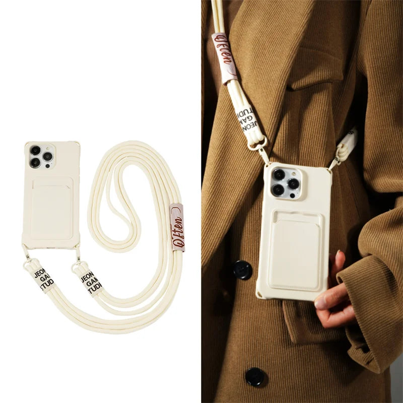 Strap Case For iPhone 17 Pro Max 16 15 14 12 11 13 Mini Plus Air Shockproof Silicone Card Slot Crossbody Necklace Lanyard Cover