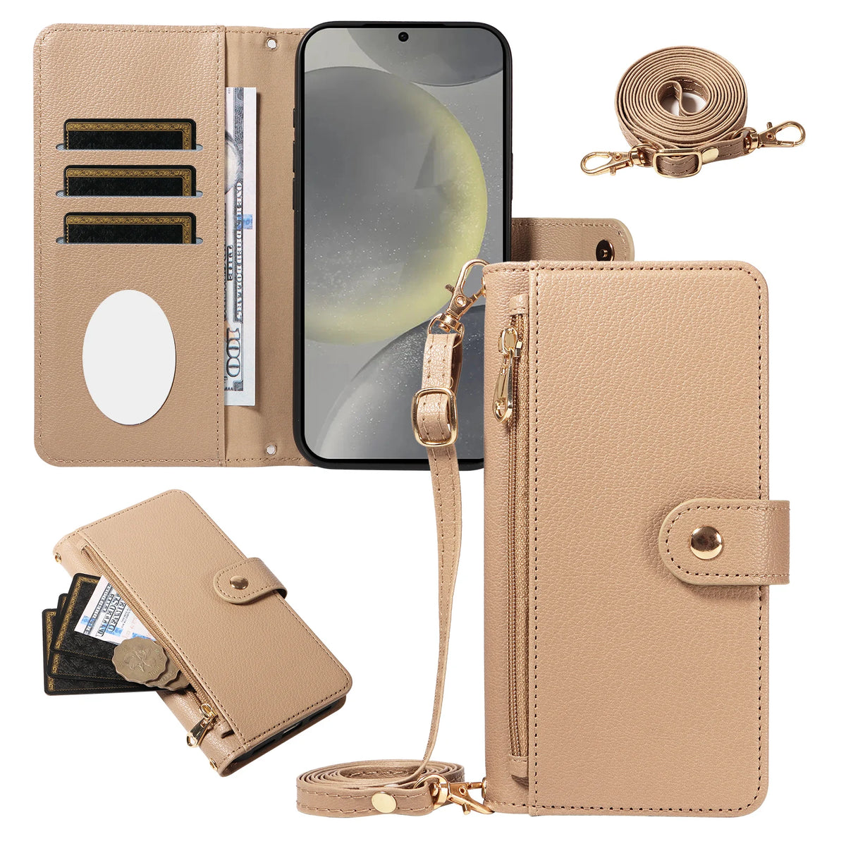 For Samsung S26 Ultra/S25/S24/S23/S22/S21/S20Fe Multifunctional Protective Case, Wallet-Style Cross-Shoulder Phone Case with Makeup Mirror and Card Slot, Faux Leather Phone Protective Cover