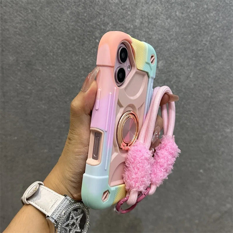 Luxury Heavy Duty Ring Holder Lanyard Case for iPhone 17 18 ProMax PC TPU Armor Cover for iPhone 11 12 13 14 15 16 Pro Max Plus