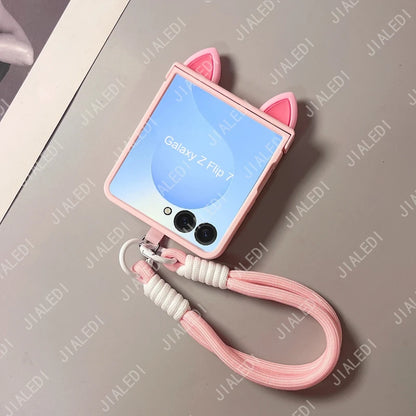 Cute Cat Ears Hinge Phone Case For Samsung Galaxy Z Flip 8 7 6 5 4 3 flip6 zflip7 ZFlip 8 Cover