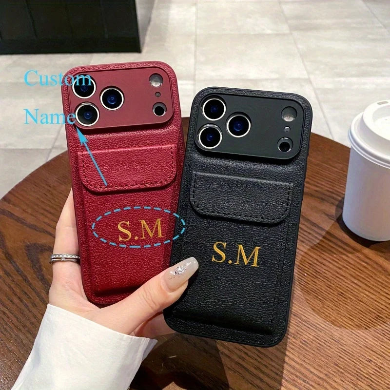 Custom Initials Name Letter Card Bag Leather Case For iPhone 17 16 15 14 13 12 11 Pro Max Air Card Slot Holder Shockproof Cover
