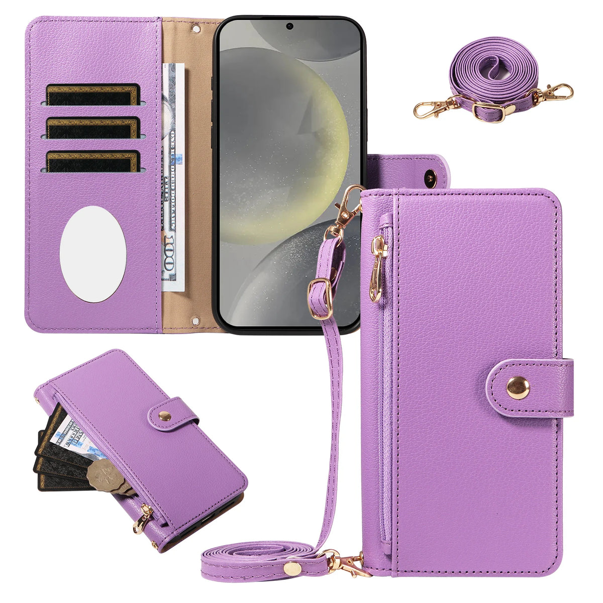 For Samsung S26 Ultra/S25/S24/S23/S22/S21/S20Fe Multifunctional Protective Case, Wallet-Style Cross-Shoulder Phone Case with Makeup Mirror and Card Slot, Faux Leather Phone Protective Cover