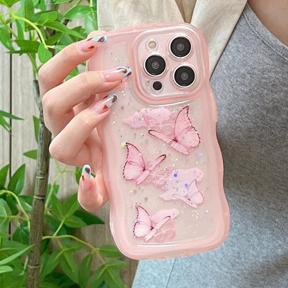 Luxury Glitter Starry Sky Butterfly Resin Irregular Wavy Edge Phone Case for iPhone 11 12 13 14 15 16 17 Pro Max + Plus