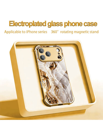 Gold And White Abstract Swirls Electroplated Glass Lens Protective Shockproof Case For iPhone 13 14 15 16 17 Pro ProMax