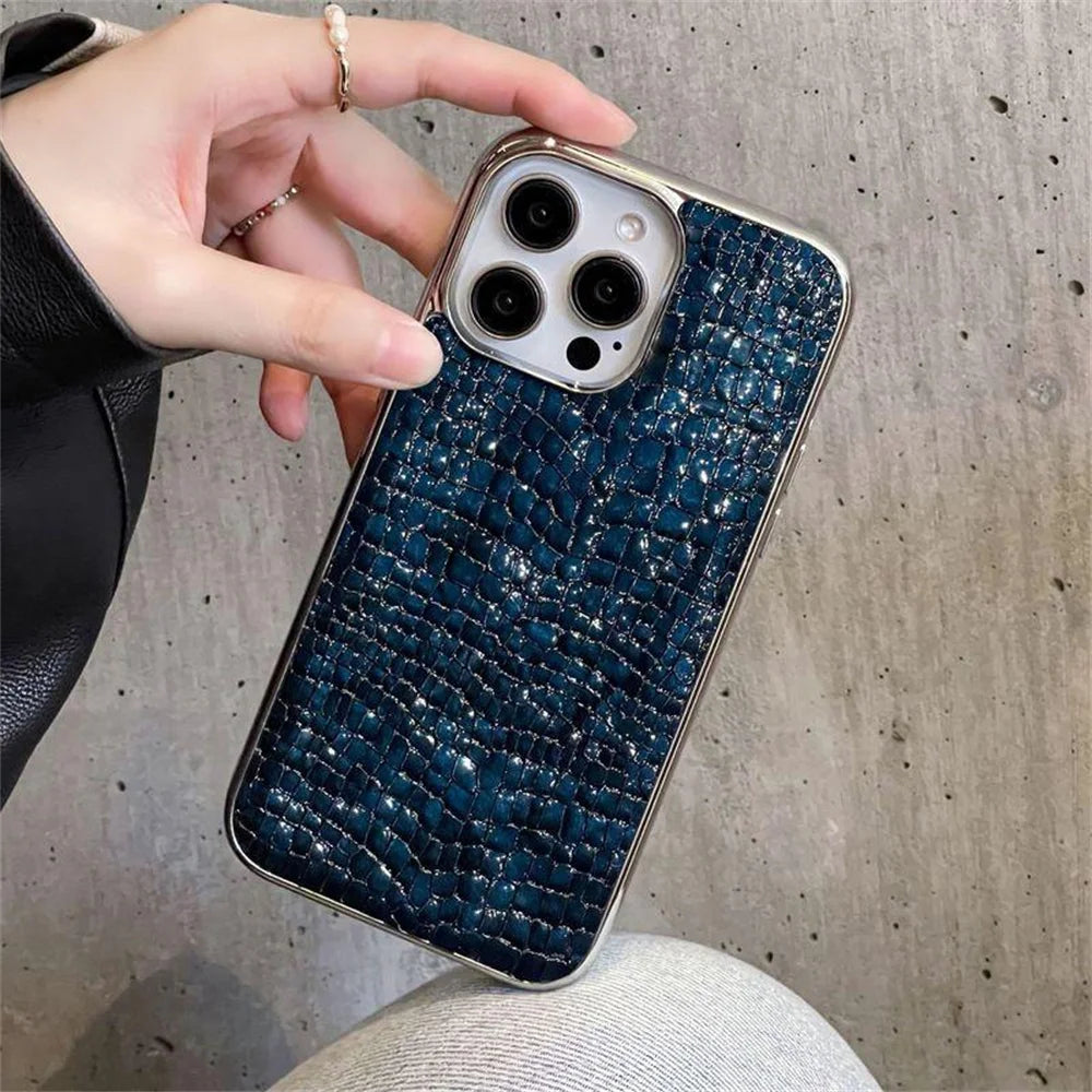 Luxury Glossy Crocodile Pattern Case For iPhone 17 Air 16 15 14 13 12 11 Pro Max Plus Plating Cool Armor Shockproof Bright Cover