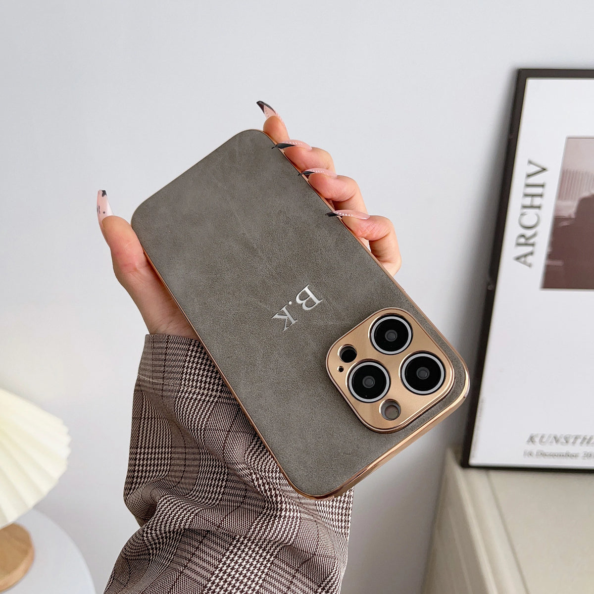 Leather Personalised Customized Name Case For Iphone 11 12 13 14 15 16 17 Pro Max 17 Air Plating Frame Lambskin Initials Cover
