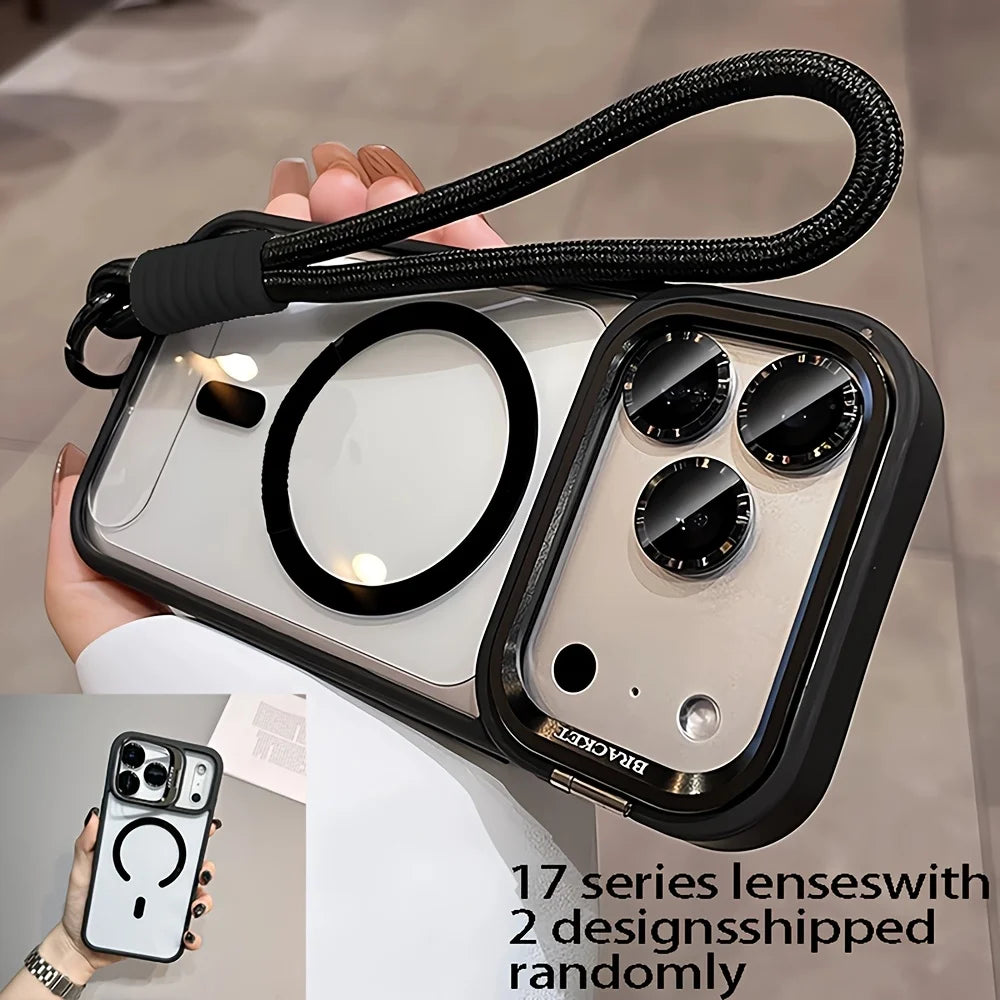 Luxury Orange Lanyard Magnetic Wireless Charging Metal Lens Holder Phone Case，CompatibleiPhone 17 Pro Max Air 16 15 14 13 12 Pro